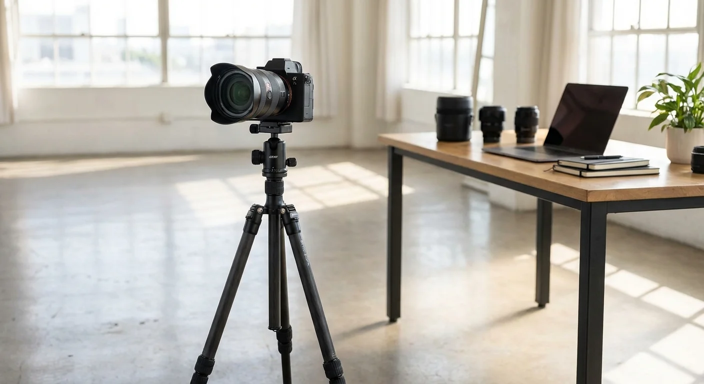 Sample gallery photo: a camera on a tripod in a sunlit studio